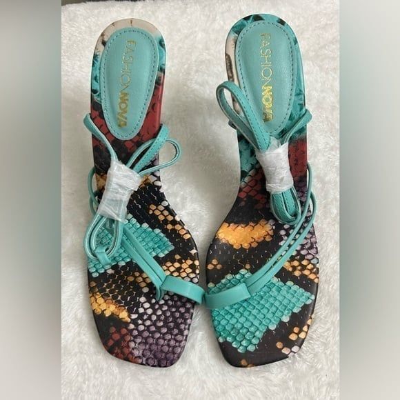 New Fashion Nova Multicolor Snake Print Stiletto High Heel Ankle Wrap Sandals - Picture 4 of 6